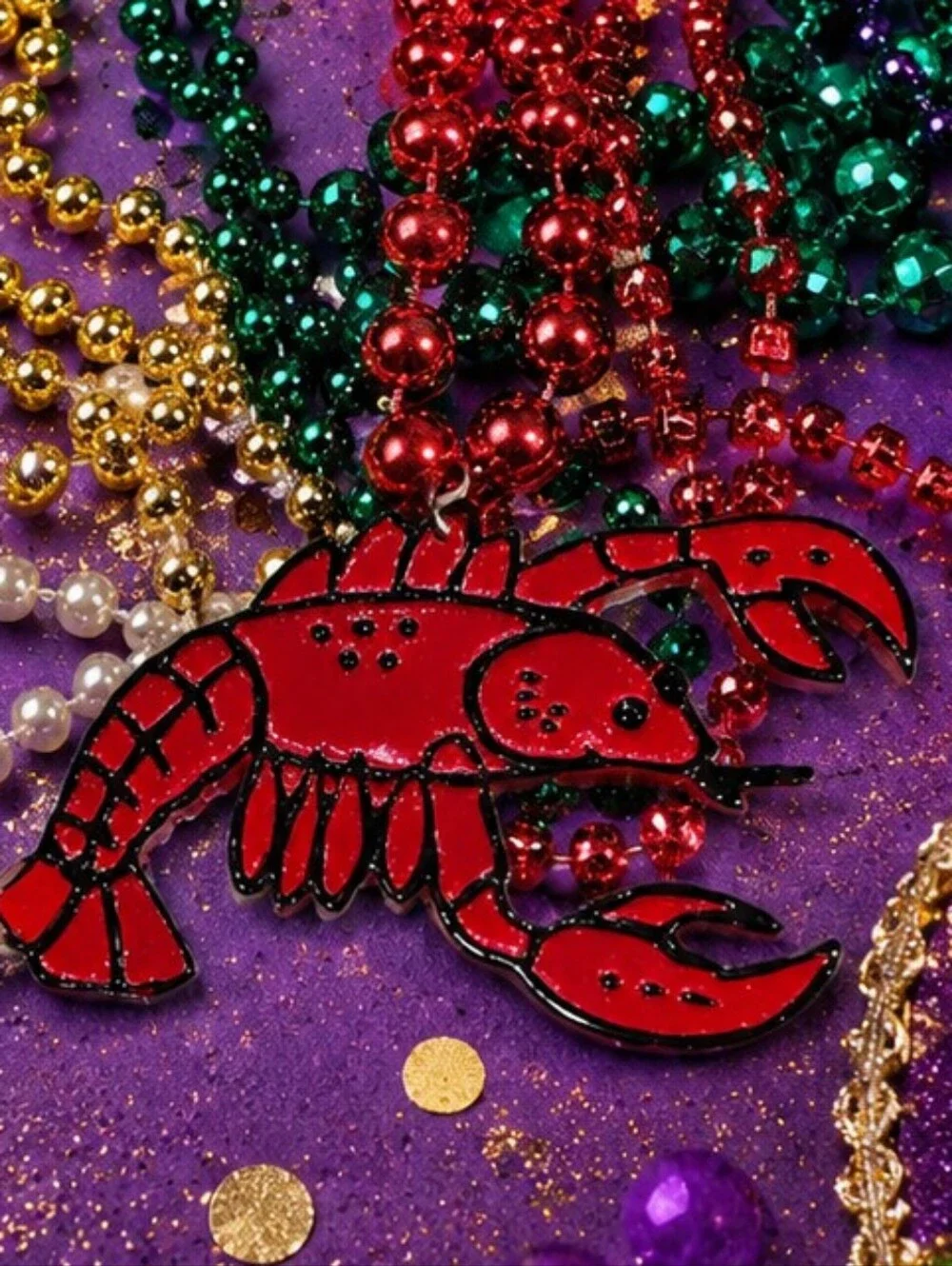 Festive Multi-Color Mardi Gras Bead Necklaces with Red Lobster Pendant